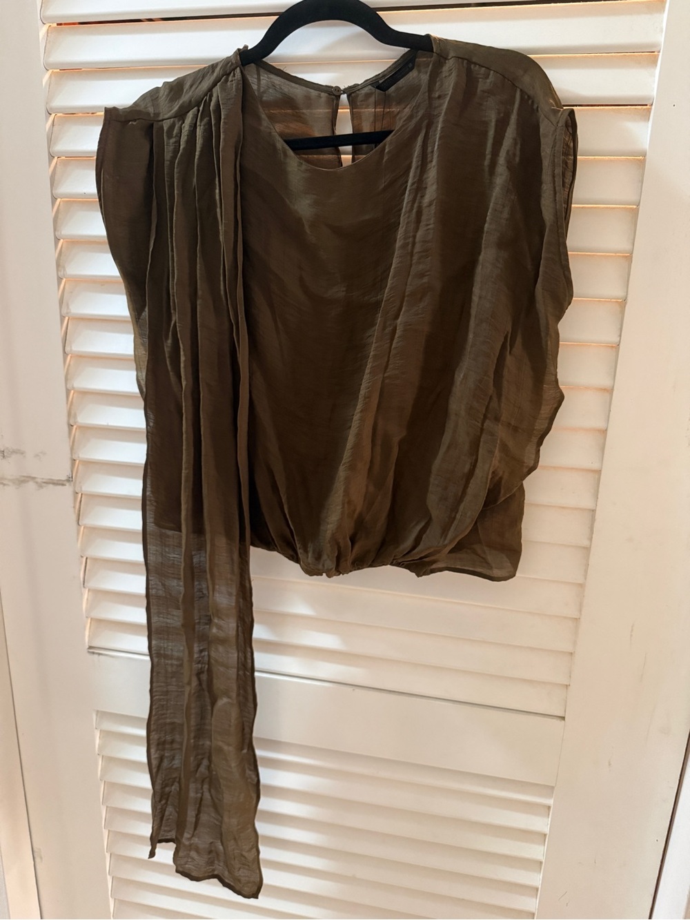 Zara Olive Sheer Draped Blouse with Scarf Accent